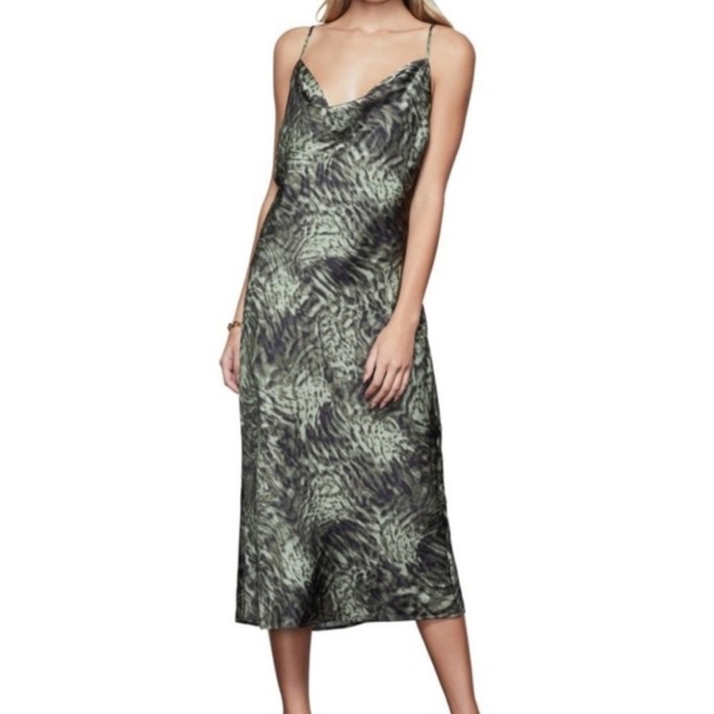 Good American Jungle Print Cowl Neck Green Bias Midi Slip Dress Size Medium